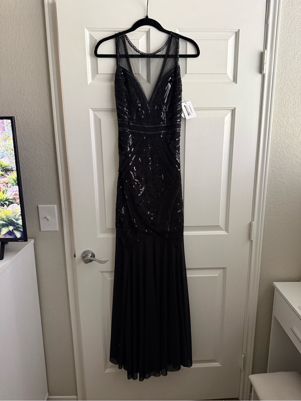 Black Sequin Mesh Evening Gown